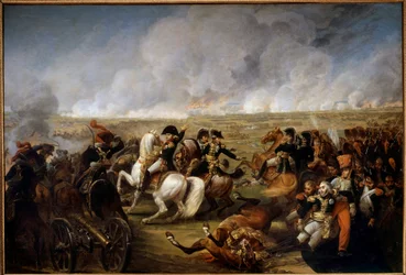 Kejsar Napoleon I (1769-1821) vid slaget vid Wagram den 5/07/1809. Till höger hjälpte två soldater general Joseph Marie Dessaix (1764-1834), skadad under striden. Målning av Antoine Carle Vernet (1758-1836)