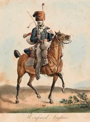 Engelsk husar, ca 1815 (akvatint, färgad)