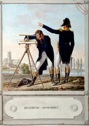 Yrkeshögskolans geografer. Perioden av Egyptens fälttåg (expedition) (1798-1801). Gravyr av Antoine Dit Carle Vernet (1758-1836)