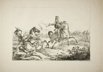 Hussar avfyrar sin pistol vid en tysk dragon