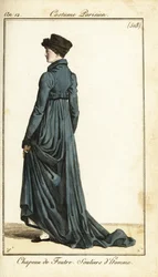 Kvinna i filthatt, lång ridrock, herrtofflor, Paris