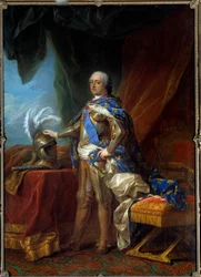 Porträtt till fots av Ludvig XV (1710 - 1774) kung av Frankrike. Målning av verkstaden av Carle Van Loo (1705 - 1765)