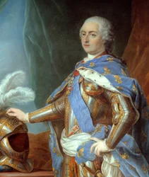 Detalj av "" Fullängdsporträtt av Ludvig XV "" (1710-1774). Målning av Carle Van Loo (1705-1765)