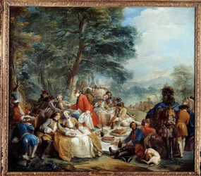 Jaktstopp En picknick för adelsmän under ett jaktspel. Målning av Charles Andre Van Loo (1705-1765) 1700-talets sön. 2,2x2,5 m.