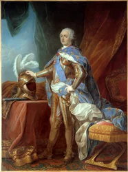 Porträtt till fots av Ludvig XV (1710-1774), i rustning, hand placerad på ett rodret. Målning av Carle Van Loo (1705-1765), olja på duk (271 x 193 cm)