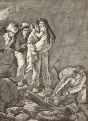 En flicka räddas efter att hennes hem kollapsade, jordbävningen i Casamicciola, Italien, gravyr från en teckning av E Sanesi och en målning av Carlo Ademollo (1824-1911), från L