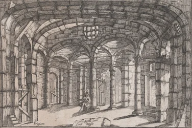Interiör av ett fängelse där en kvinna sitter, ca 1680-1710.