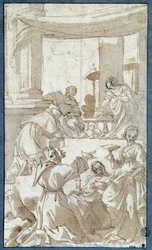 The Holy Family Adoree av Saints Charles Borromee (1538-1584), Francois of Assisi (1182-1226), Claire of Assisi (1194-1253) och Lucia Drawing in Ink and Wash av Carlo Bononi (1569-1632) Sun. 0,26 x 0,15 m Paris. Louvren