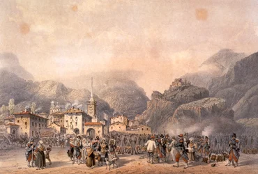 Franskt läger i Susa 1859, av Carlo Bossoli (1815-1884), gravyr. Andra frihetskriget, Italien 1800-talet.