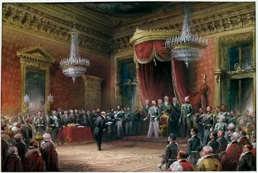Risorgimento - Carlo Farini (1812-1866) presenterar Victor Emmanuel II (Victor Emmanuel) (1820-1878) pakten om annektering av Emilia Romagna 1860 (olja på duk)