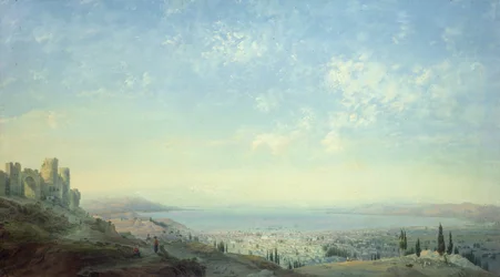 Smyrna från citadellet på berget Pagus, Cesme-halvön och Bornoras trädgårdar med Phocaeas kust, 1839 (tempera på linne)