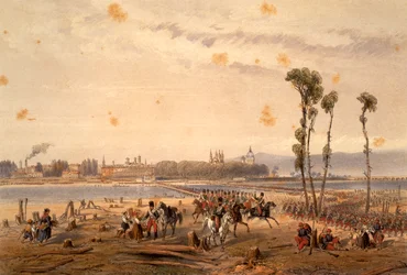 Fransmännen passerade Sesia vid Vercelli 1859, av Carlo Bossoli (1815-1884), gravyr. Andra frihetskriget, Italien