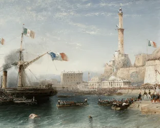 De franska trupperna landstiger i Genua i april 1859 (tempera)