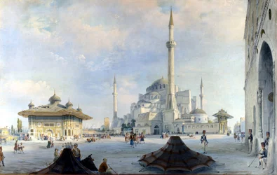 Moskén i Konstantinopel: Saint Sophia (Hagia Sophia). Målning av Carlo Bossoli