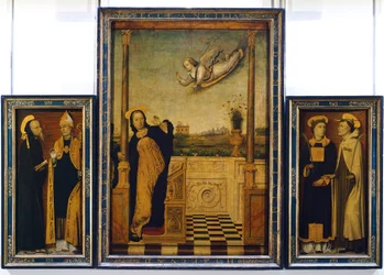 Bebådelsens altartavla med Sankt Benedikt, Sankt Augustinus, Sankt Stefan och Sankt Angelo av Charles Bracesco