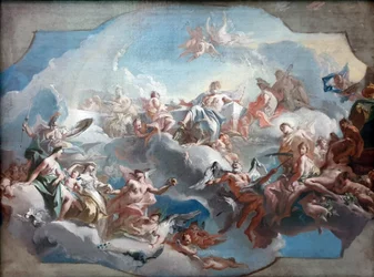 Tyska: Der Aufbruch der Göttinnen Juno, Venus und Minerva, geleitet von Merkur, zum Parisurteil Gudinnorna Junos, Venus och Minervas avfärd till Paris dom