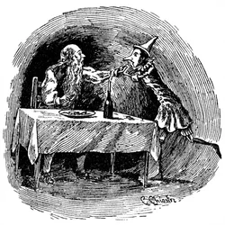 Illustration av Pinocchio av Carlo Chiostri (1863-1939), en av de första italienska illustratörerna av Collodis verk. Trädockan hittar sin far Gepetto i magen på hajen som svalde dem.