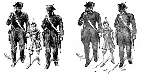 Pinocchio av Carlo Chiostri (1863-1939), en av de första italienska illustratörerna av Collodis (Carlo Lorenzini) verk. Två gendarmer tar trädockan. Bilden till vänster är Chiostris originalteckning, den till höger är gravyrcarri