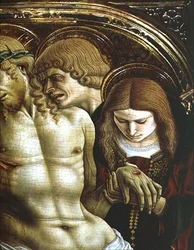 Klagosången över den döde Kristus, detalj av Johannes evangelisten och Maria Magdalena, från polyptiken Sant