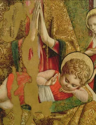 Madonna och barn, detalj av Kristusbarnet, från centralpanelen i den andra triptyken av Valle Castellamo tempera på paneldetalj av 76632