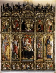 Polyptyc som visar en Pieta, och den underlägsna parten en madonna med Child