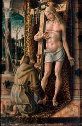 S:t Franciskus av Assisi samlar in Kristi blod Träsnitt av Carlo Crivelli (1430/35-1494/1500) 1480-1486 sön. 19x13 cm Milano, Poldi Pezzoli-museet