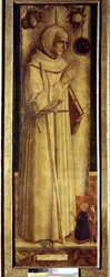 Santiago de la Marche (1394-1476) och två donatorer knäböjer (säger ibland felaktigt St Bernardino av Siena). Målning av Carlo Crivelli (1435-1495)