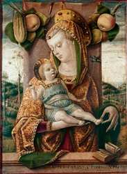 Jungfrun och barnet. Bakom dem äpplen och en gurka, längst ned en öppen bok (Bibeln). Tempera på trä av Carlo Crivelli (1430/35-1494/1500)