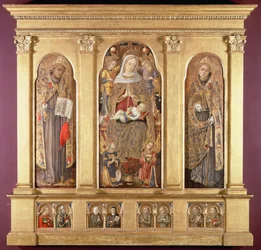 Jungfru och barn med heliga Bonaventura och Ludvig av Toulouse, ca 1489 (tempera med guld- och oljeglasyr på panel)