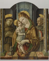 Jungfru och barn med heliga och donator, ca 1490 (tempera och bladguld på panel)