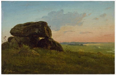 Kvällslandskap med en dolmen. Studie.