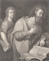 Saint Matthew, stående framför en bok till höger med en hand på bröstet, en annan man vara..., 1750-84