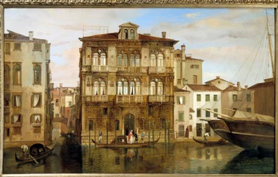 Maria Taglioni i en gondol framför sin byggnad i Venedig, av Carlo Ferrari (1813-1871)