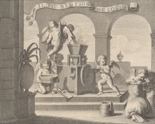 Hon samlar den vackraste blomman Il più bel fior ne coglie, en grupp om sex putti workin..., 1740-59.