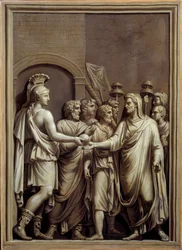 Antikens Rom: krigare och man i en toga som byter sfär. Målning av Carlo Labruzzi (1748-1818) efter en låg romersk relief. Brest. Museum of Fine Arts