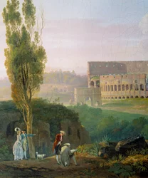 Grupp av karaktärer, man som ritar framför ruinerna av Colisee. Målning av Carlo Labruzzi (1765-1818)