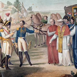 Påven Pius VII (Pio) (1742-1823) arresterades när han återvände till Italien av den österrikisk-neapolitanska armén nära Parma den 25 mars 1814 - Gravyr av Carlo Lasinio (1759-1838) - Färglitografi (gripandet av påven Pius VII (1742-1823) vid sin återkomst