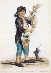 Marionettspelaren Pierannizzi, teckning och kolorerad gravyr av Carlo Lasinio (1759-1838), Italien