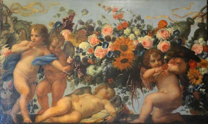 Franska:  Amour et guirlande de fleurs avec perroquet Amor och blomstergirlander med papegoja
