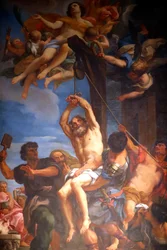 Blaise av Sebaste är vördad som ett kristet helgon och martyr. Målning. Genua. Italien.