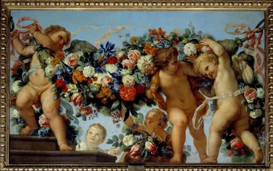 Kärlek och kransar av blommor Målning av Carlo Maratta (1625-1713) 1600-talets sön. 1,06x1,73 m