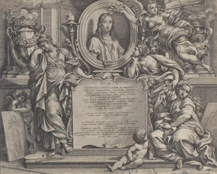 Frontispice med ovalt porträtt av Raphael, med tre allegoriska figurer av konsten sup..., 1675.