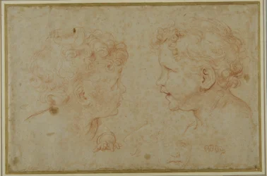 Studier av huvudet och vänster hand på en putto (röd krita på papper)