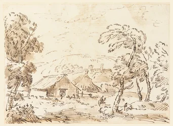 En bondebostad och ett slott på bergig landsbygd