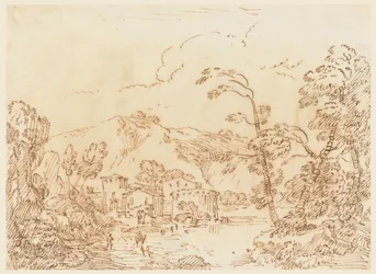 Teckning, En by vid en bäck i ett bergigt landskap, 1770-86