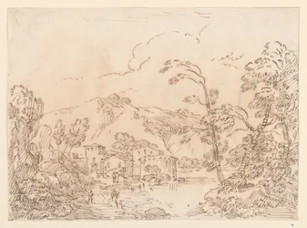 Teckning, En by vid en bäck i ett bergigt landskap, 1770-86