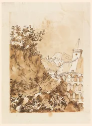 Teckning, Landskap med bergsstad, 1760-80