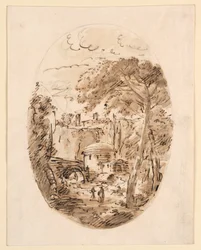 Teckning, Landskap med ryttare och bro, 1750-1786