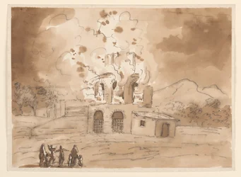 Teckning, Landskap med brinnande torn, ca 1780