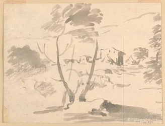Teckning, Skiss av ett träd i ett landskap, 1760-1780